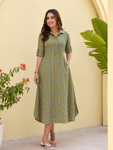 Olive Printed Shirt Dress