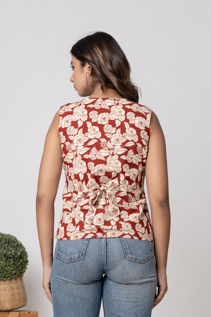 Dual Print Red & Ivory Sleeveless Cotton Top – Screen Print
