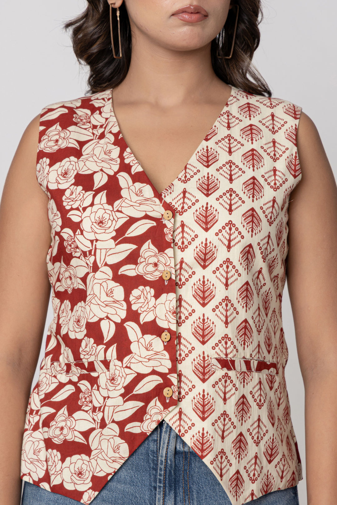 Dual Print Red & Ivory Sleeveless Cotton Top – Screen Print