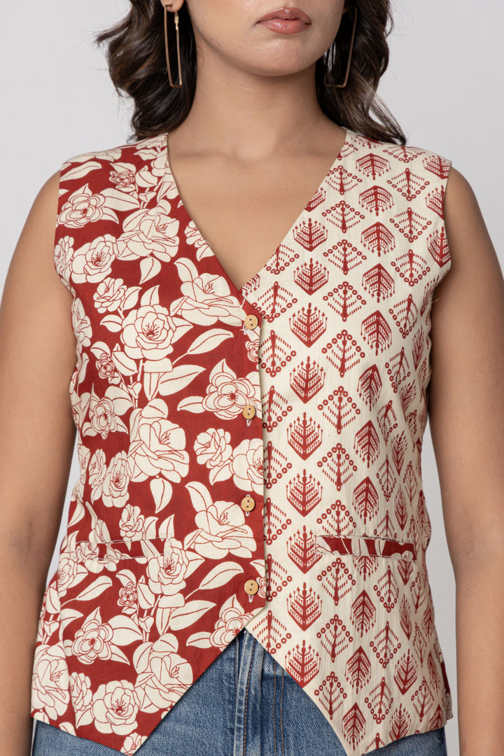 Dual Print Red & Ivory Sleeveless Cotton Top – Screen Print