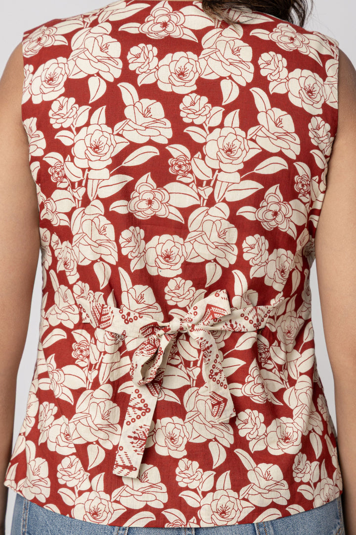 Dual Print Red & Ivory Sleeveless Cotton Top – Screen Print