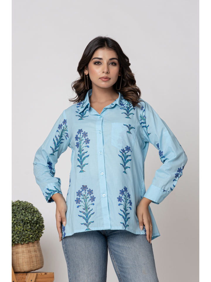 Anastay Powder Blue Handblock Floral printed Shirt