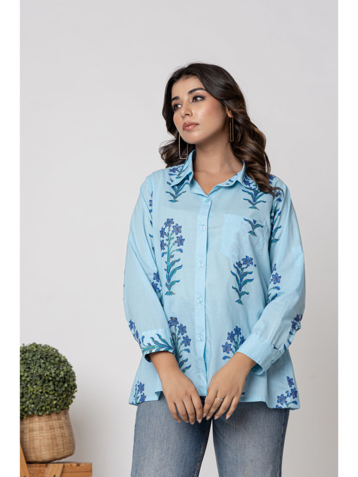 Anastay Powder Blue Handblock Floral printed Shirt
