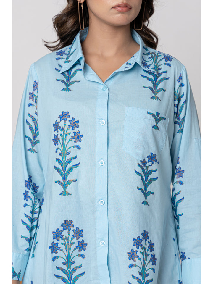 Anastay Powder Blue Handblock Floral printed Shirt