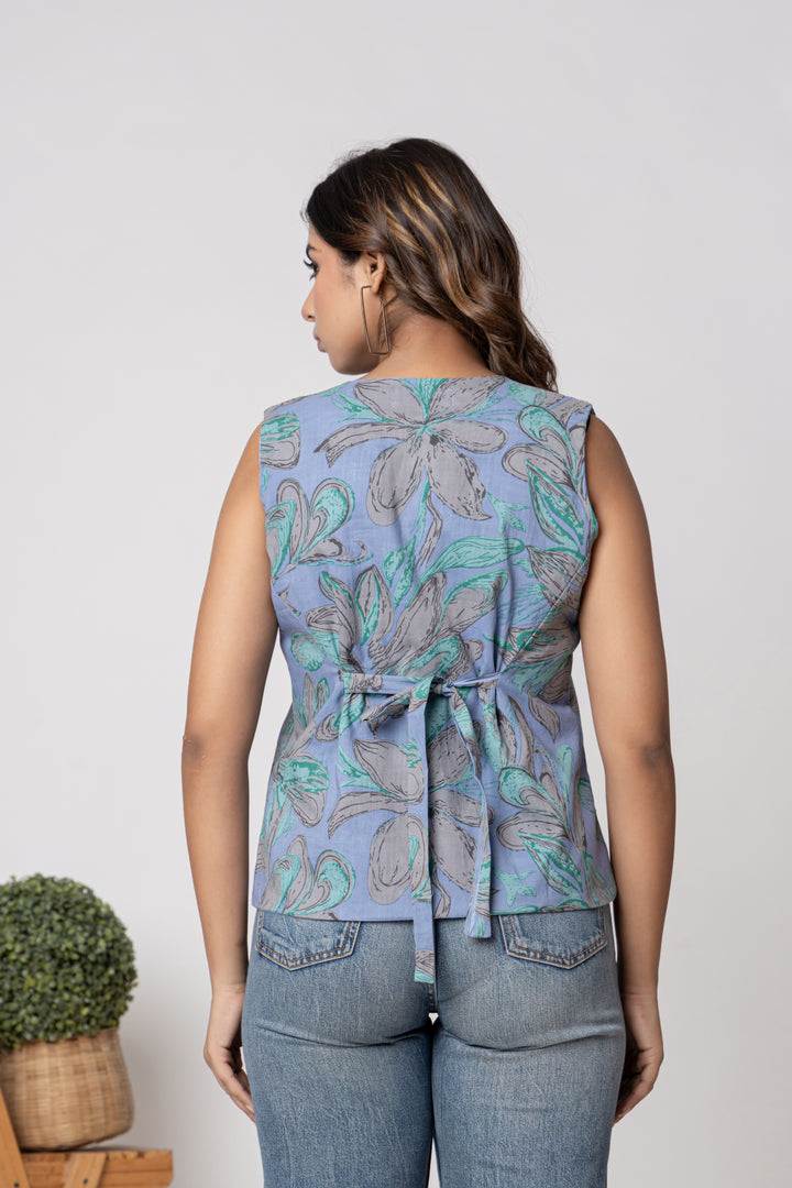 Anastay Teal & Grey Floral Screen Print Sleeveless Cotton Top