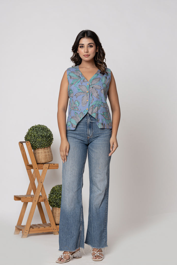 Anastay Teal & Grey Floral Screen Print Sleeveless Cotton Top
