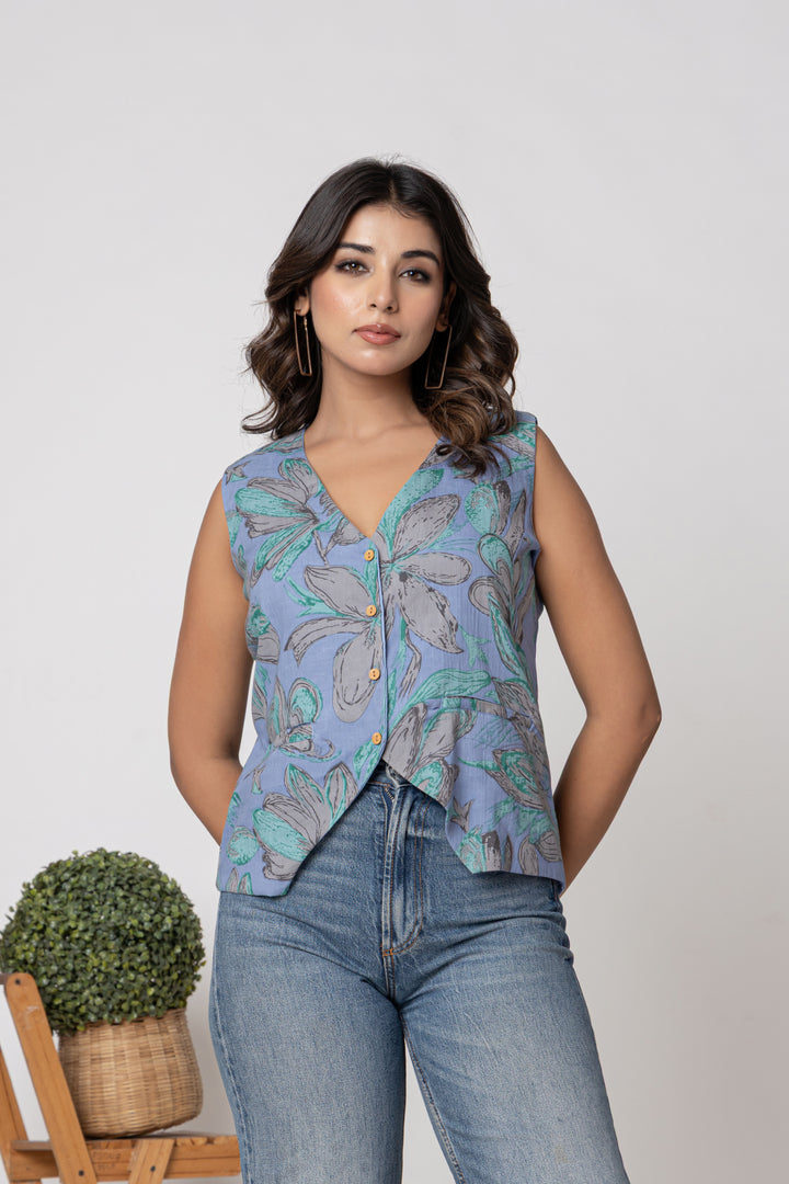 Anastay Teal & Grey Floral Screen Print Sleeveless Cotton Top