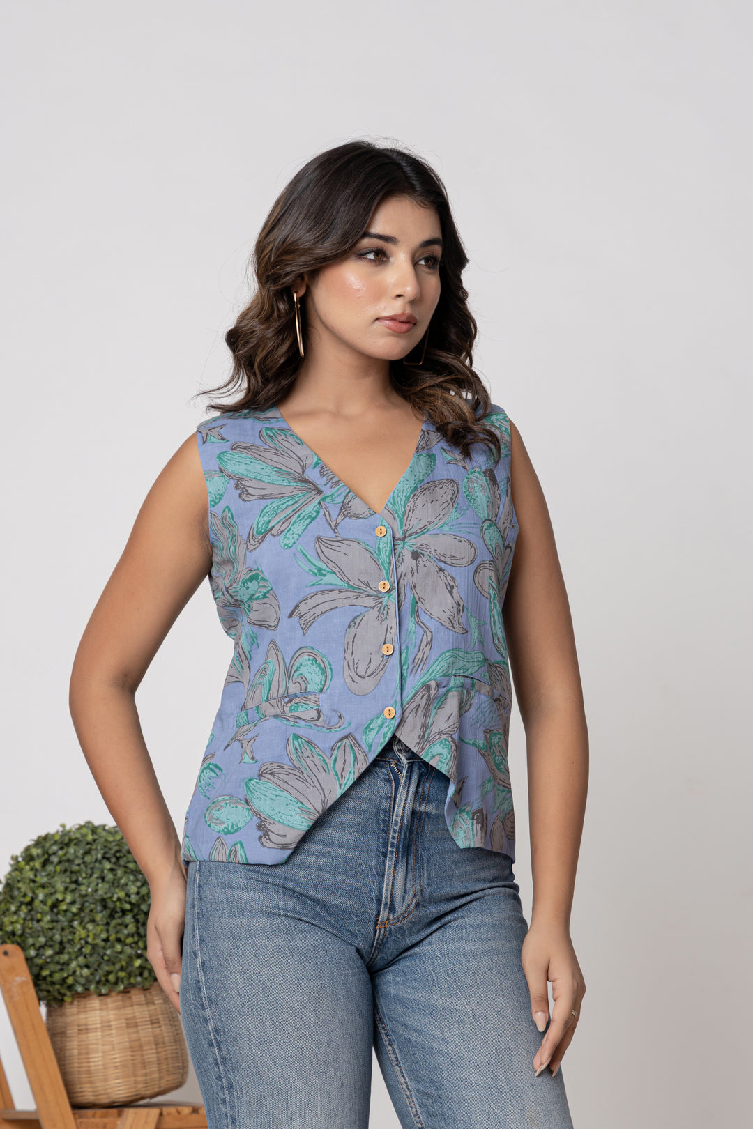 Anastay Teal & Grey Floral Screen Print Sleeveless Cotton Top