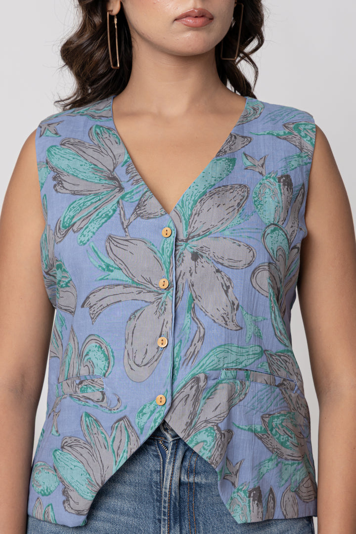 Anastay Teal & Grey Floral Screen Print Sleeveless Cotton Top