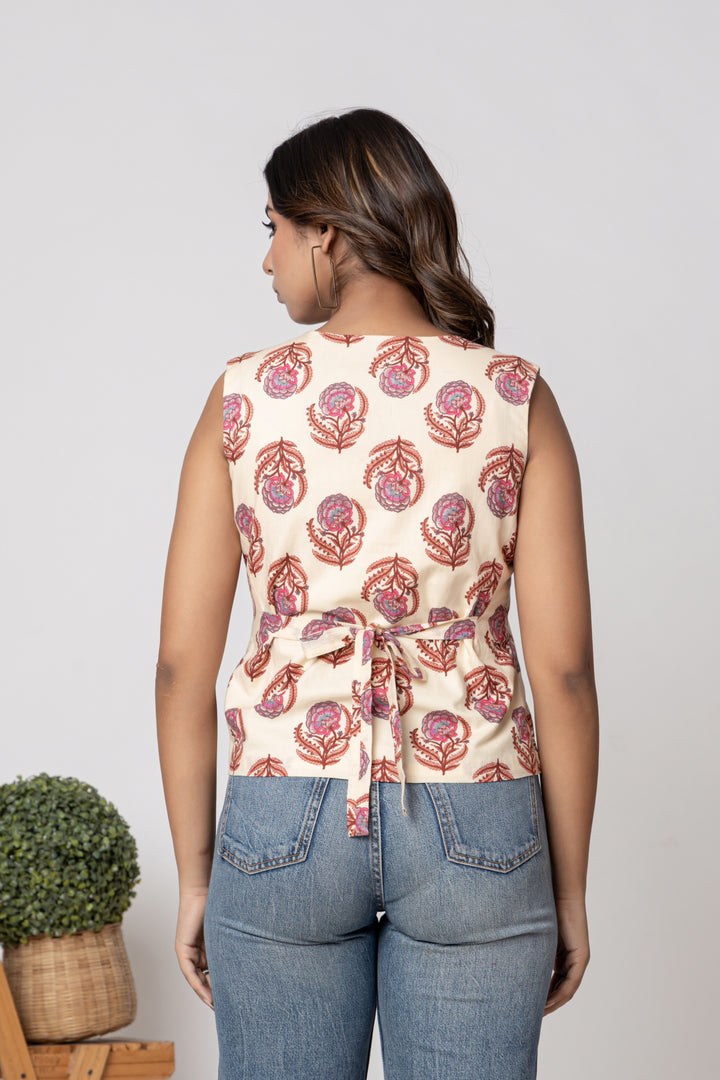 Anastay Ivory Floral Screen Print Sleeveless Cotton Top
