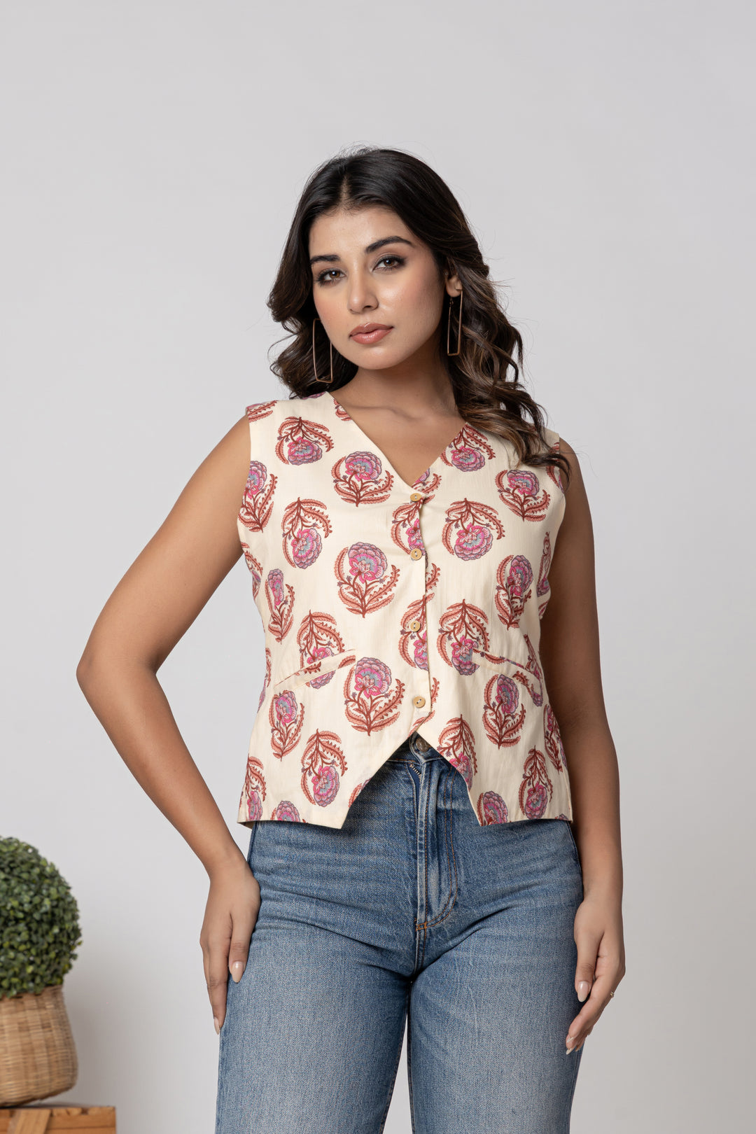 Anastay Ivory Floral Screen Print Sleeveless Cotton Top