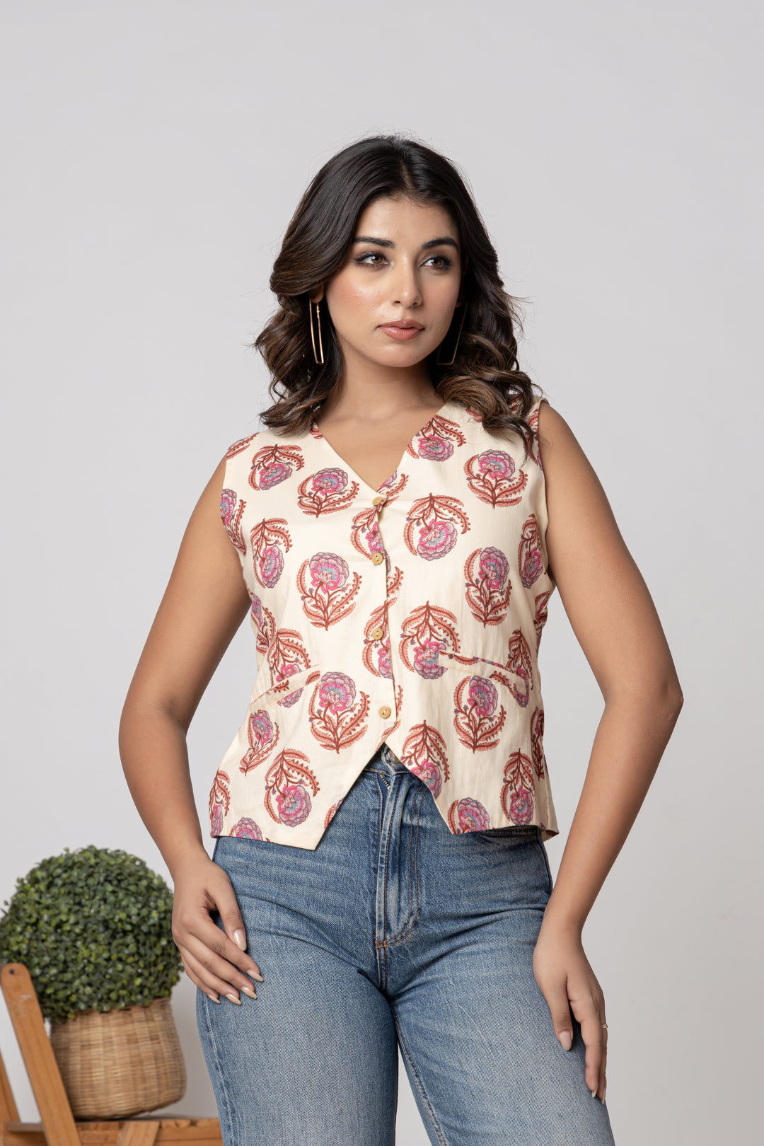 Anastay Ivory Floral Screen Print Sleeveless Cotton Top