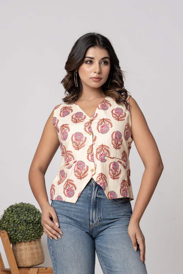 Anastay Ivory Floral Screen Print Sleeveless Cotton Top