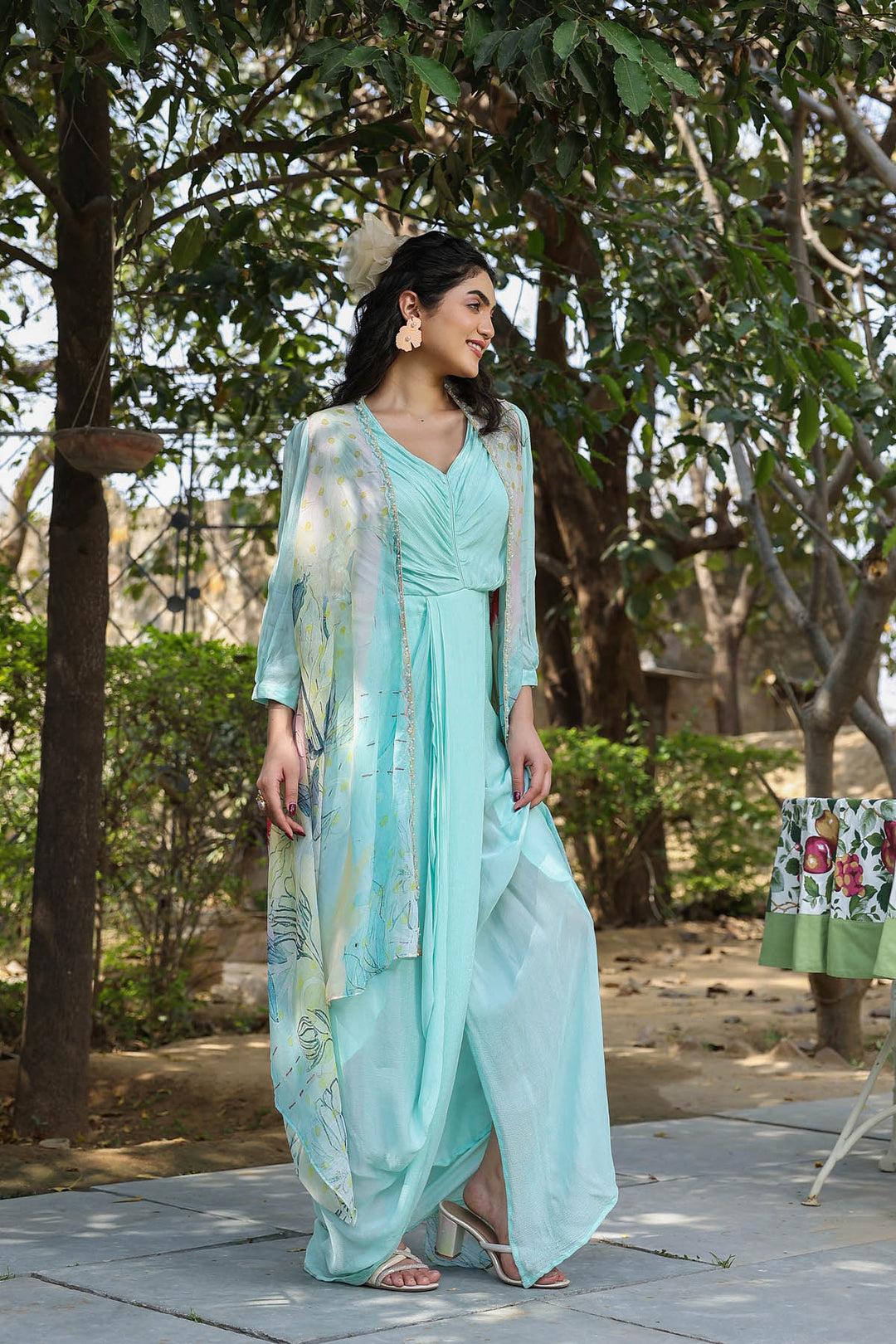 Aqua Chinon Gown With Silver Chiffon Jacket