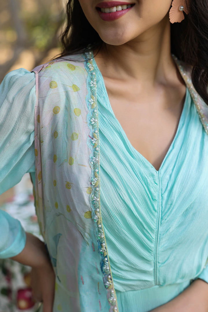 Aqua Chinon Gown With Silver Chiffon Jacket