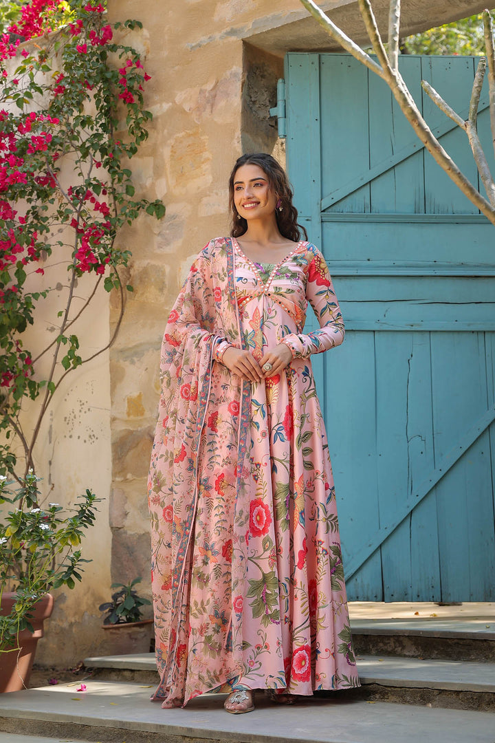 Peach Linen Satin Anarkali set