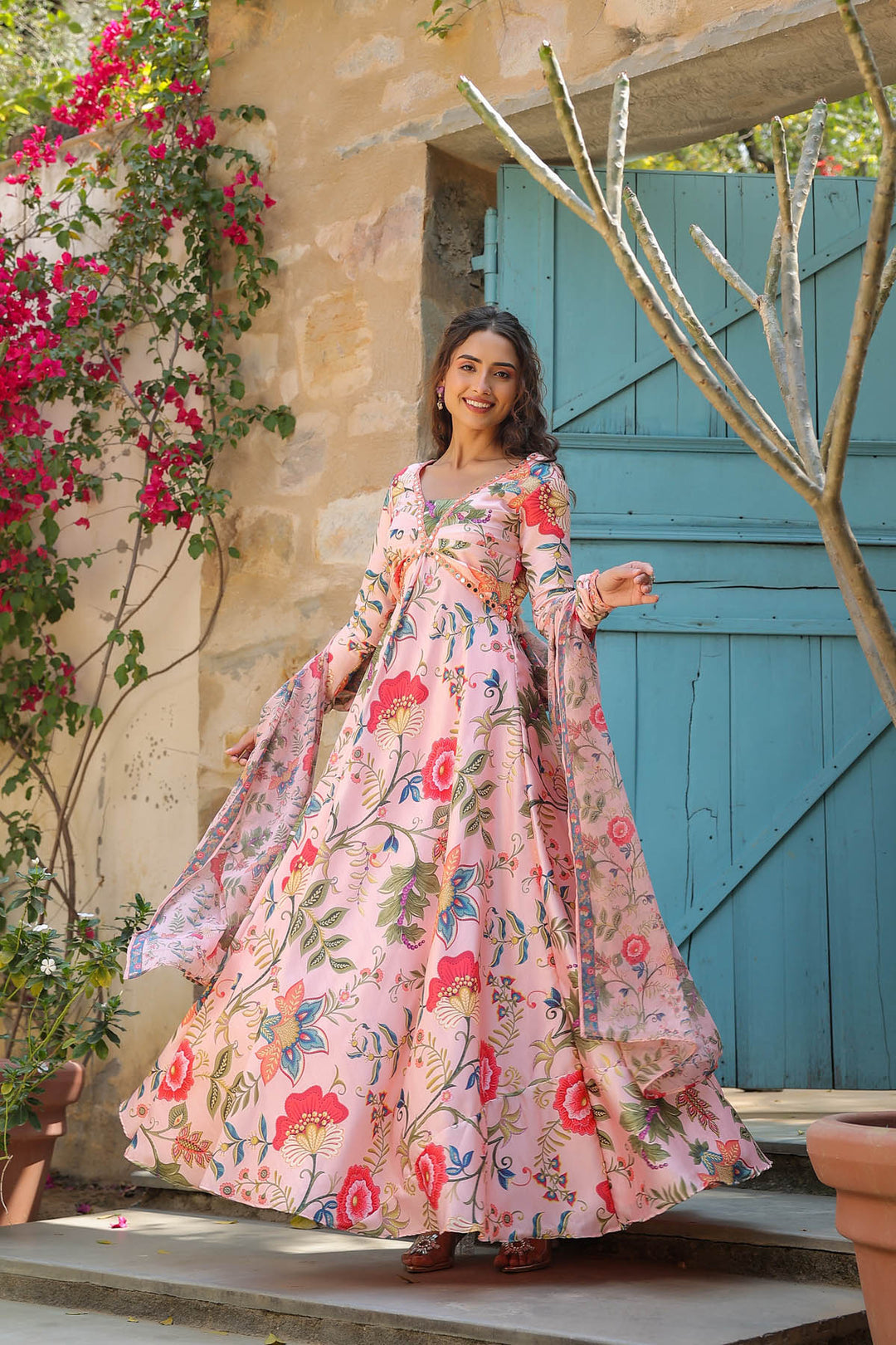 Peach Linen Satin Anarkali set