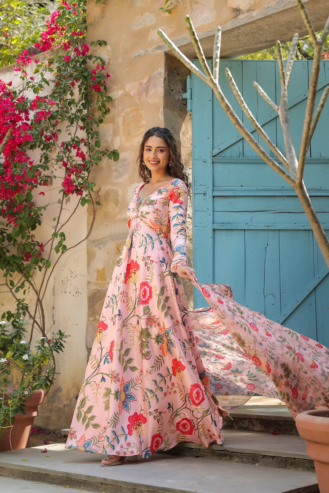 Peach Linen Satin Anarkali set