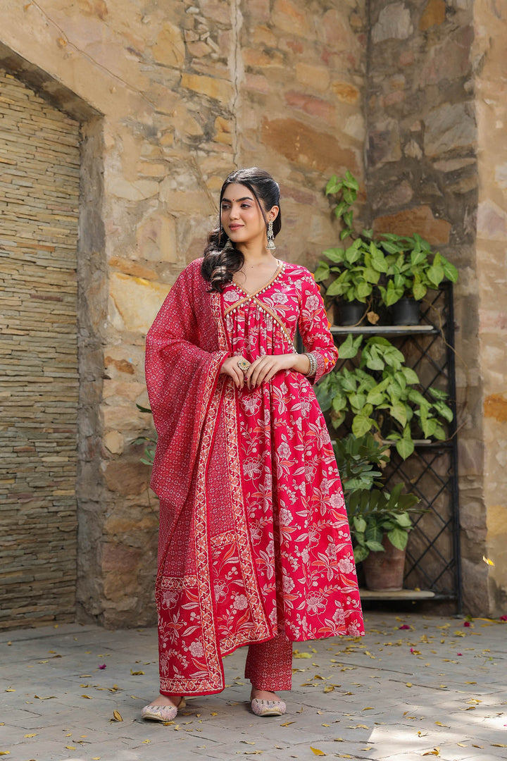 Raspberry Cotton Suit & Dupatta Set