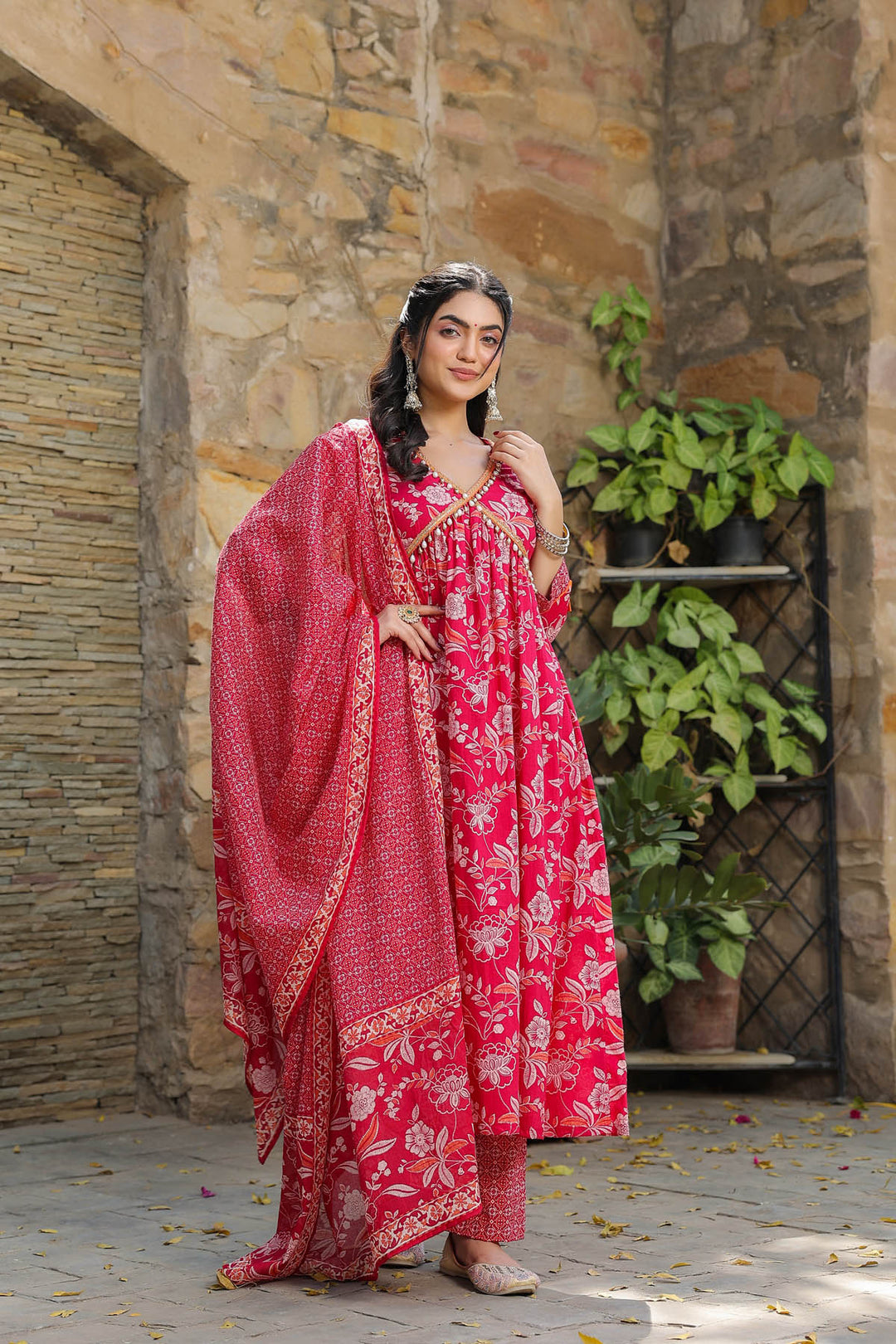 Raspberry Cotton Suit & Dupatta Set