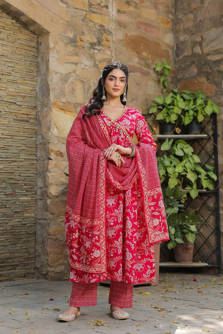 Raspberry Cotton Suit & Dupatta Set