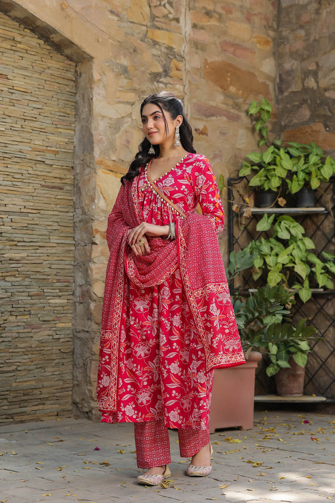 Raspberry Cotton Suit & Dupatta Set