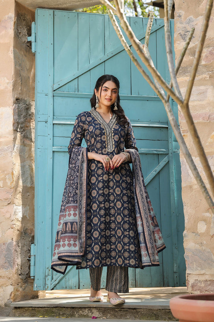 Cobalt Blue Cotton heavy gold print Dupatta suit set