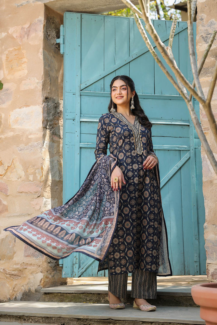 Cobalt Blue Cotton heavy gold print Dupatta suit set