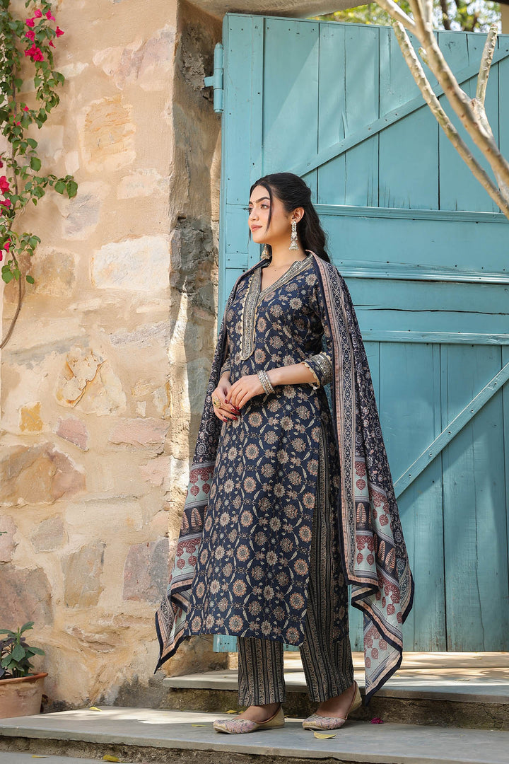 Cobalt Blue Cotton heavy gold print Dupatta suit set