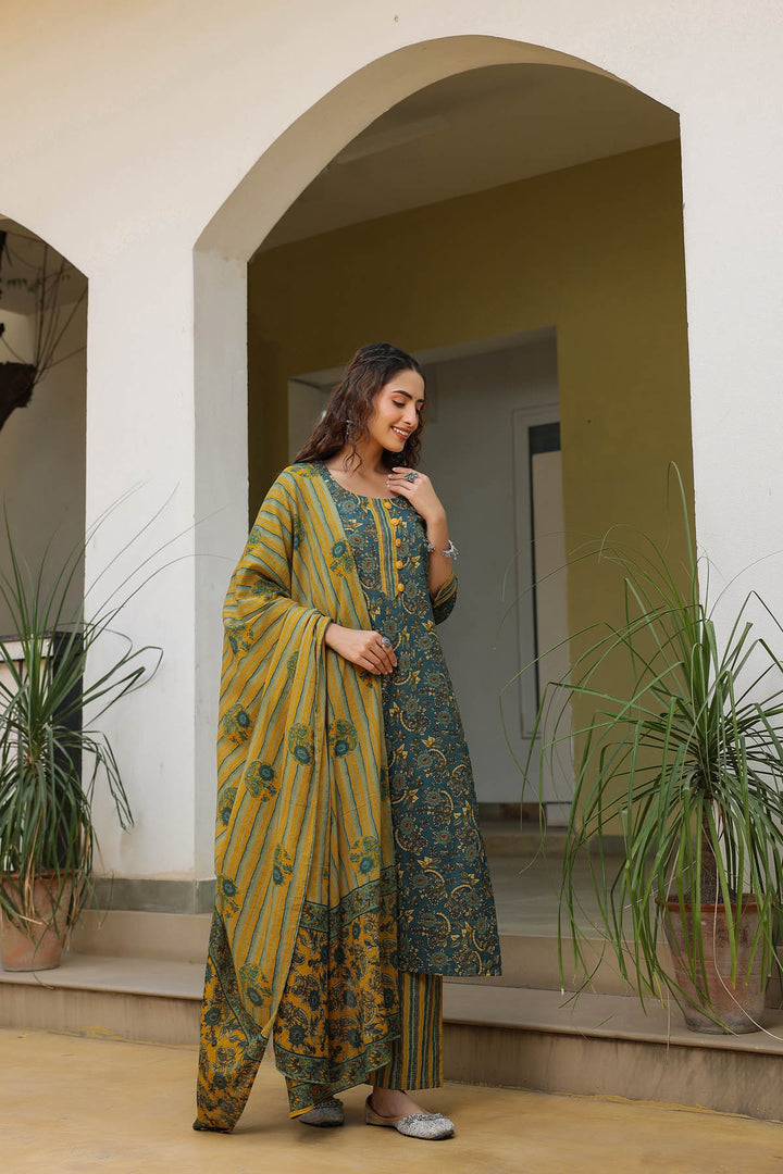 Deep Teal & Mustard Cotton Dupatta Suit set