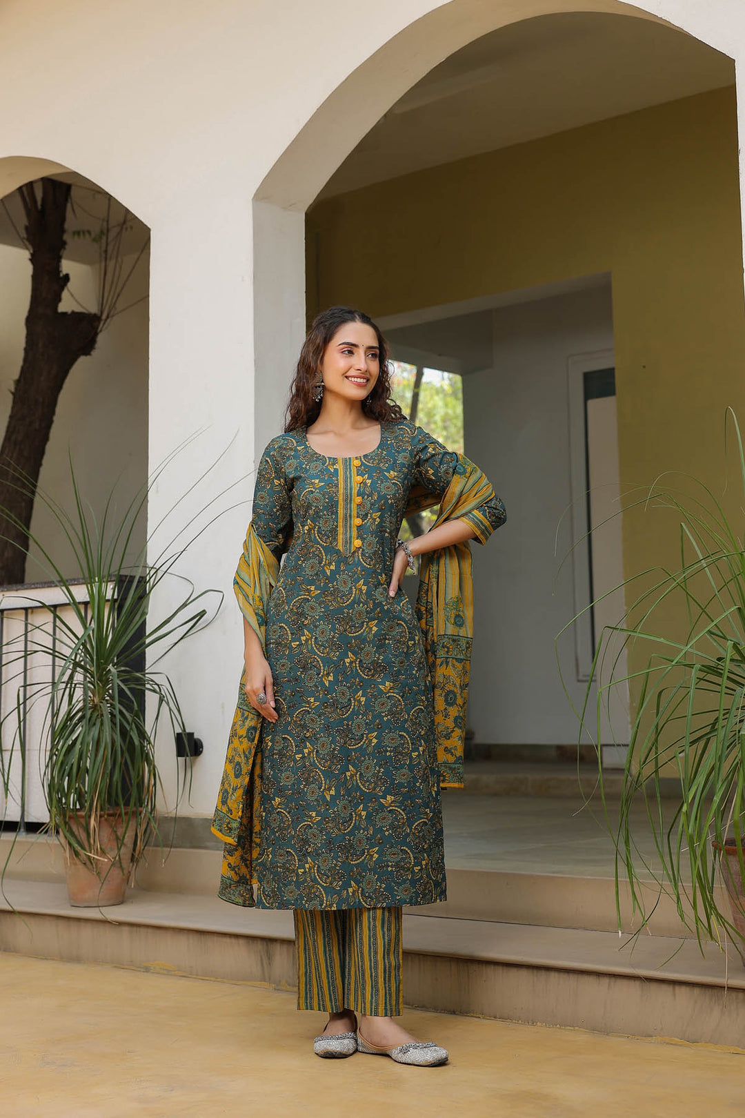 Deep Teal & Mustard Cotton Dupatta Suit set