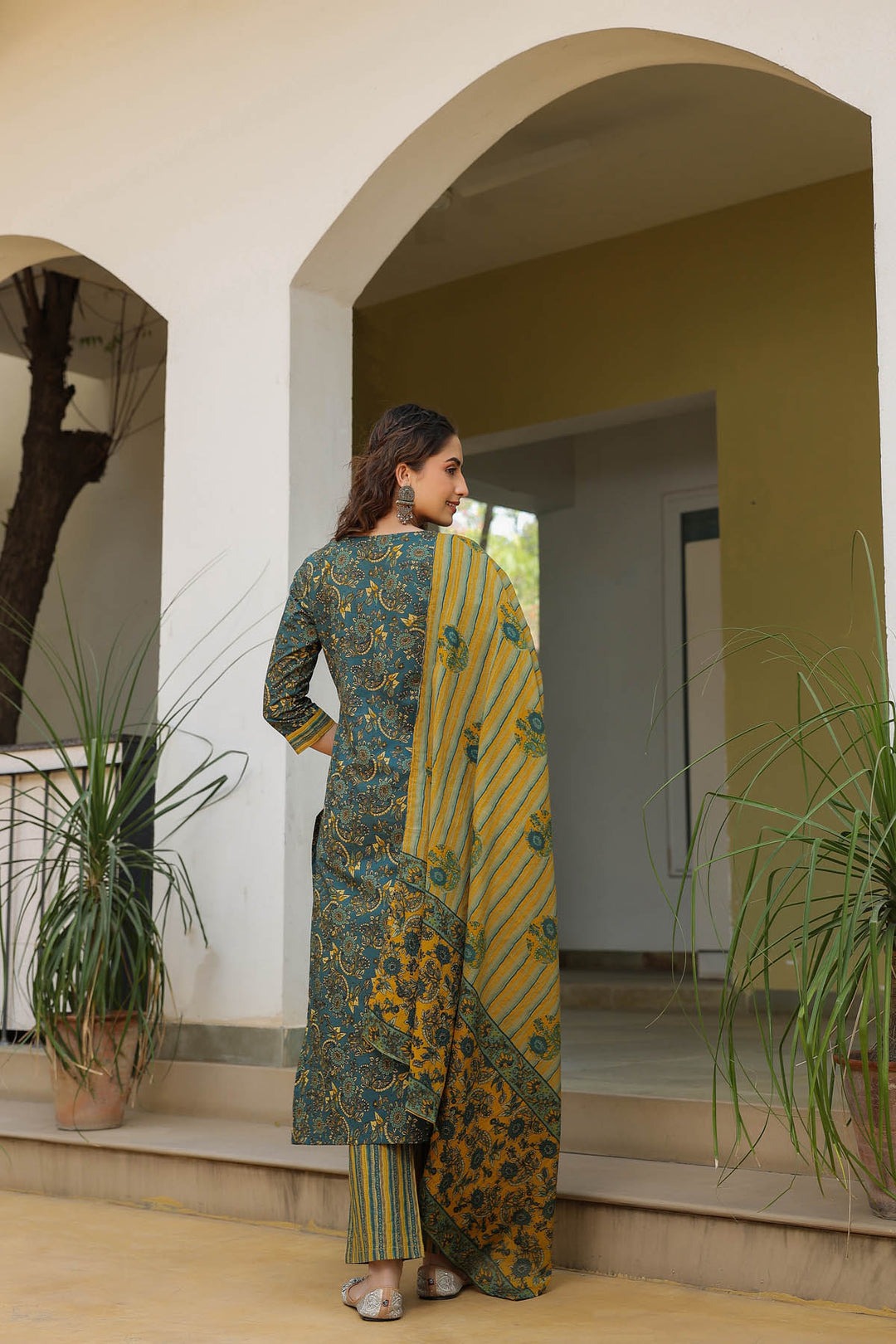 Deep Teal & Mustard Cotton Dupatta Suit set