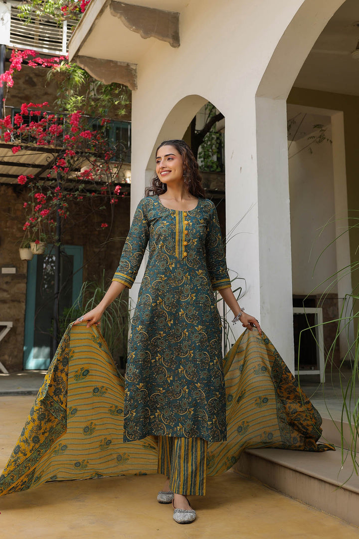 Deep Teal & Mustard Cotton Dupatta Suit set