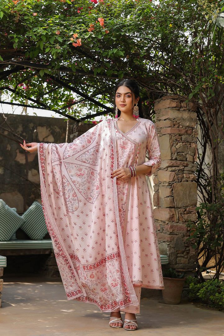 Baby Pink Cotton Angrakha Style Dupatta Suit Set