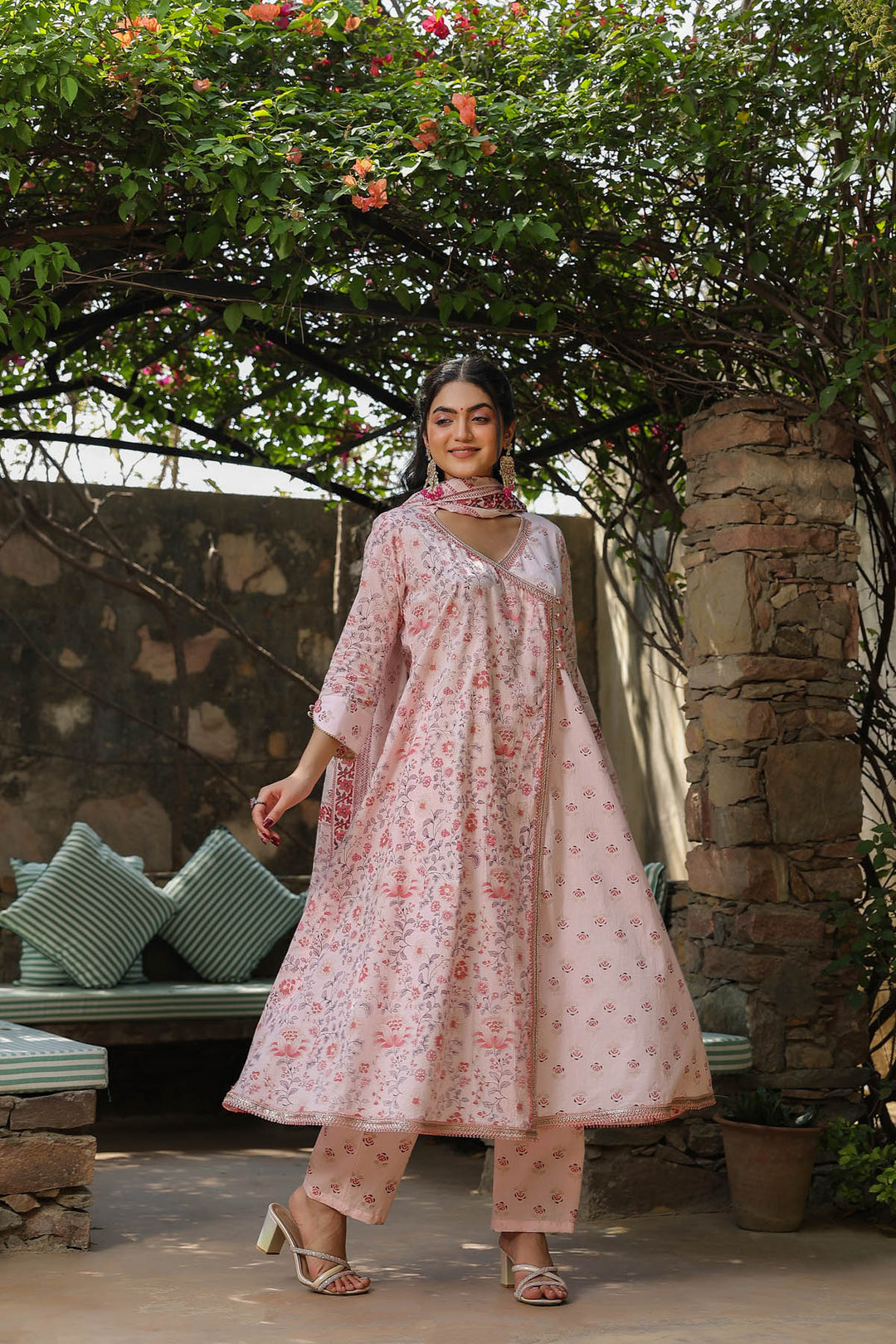 Baby Pink Cotton Angrakha Style Dupatta Suit Set