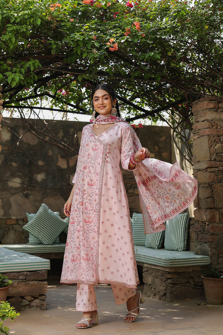 Baby Pink Cotton Angrakha Style Dupatta Suit Set