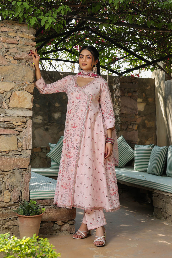 Baby Pink Cotton Angrakha Style Dupatta Suit Set