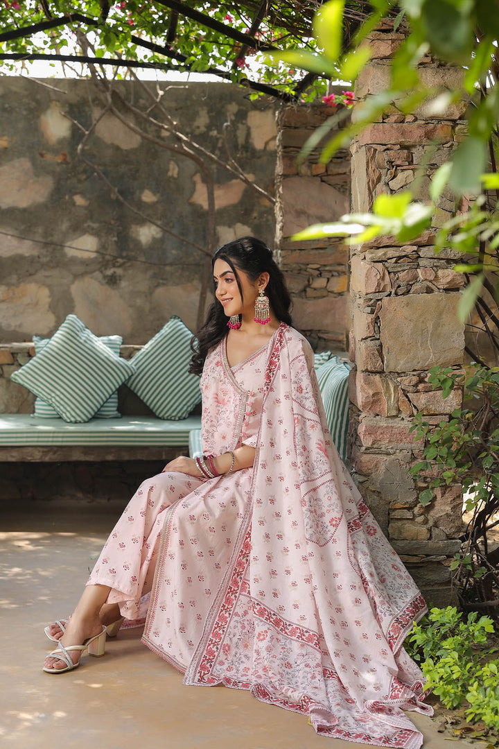 Baby Pink Cotton Angrakha Style Dupatta Suit Set