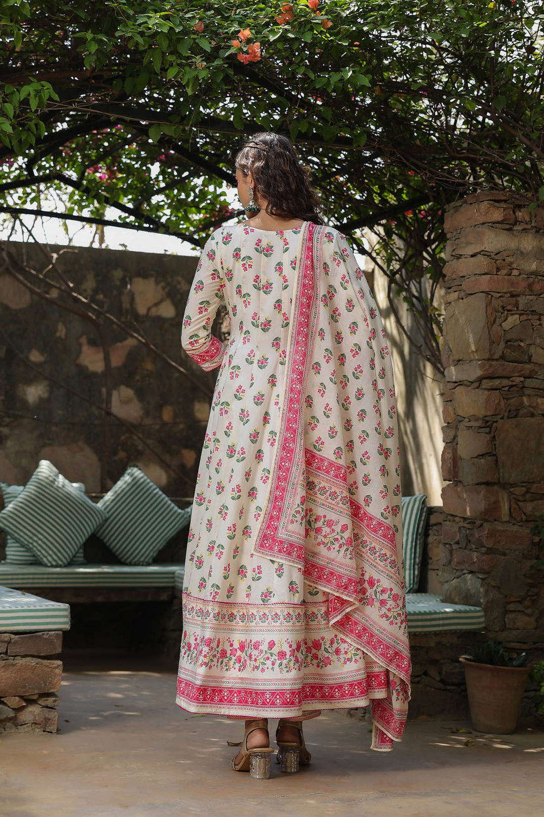 White & Hot pink Cotton Anarkali Set