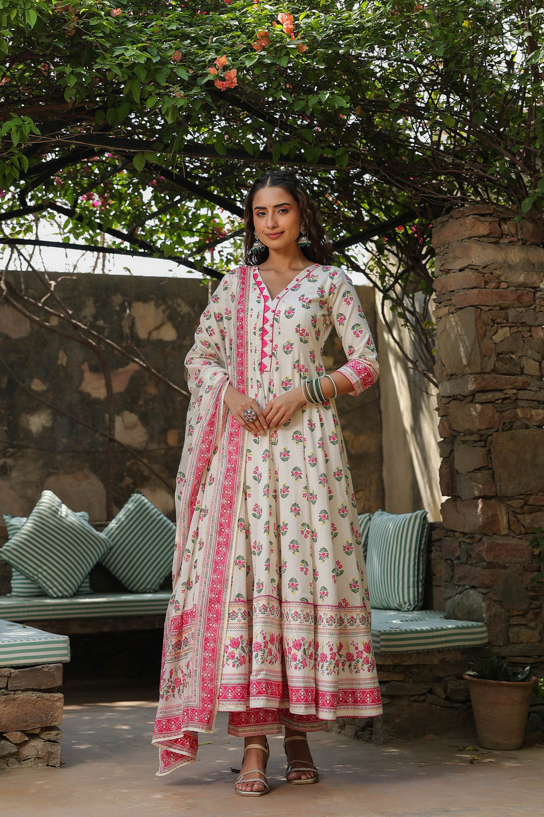 White & Hot pink Cotton Anarkali Set