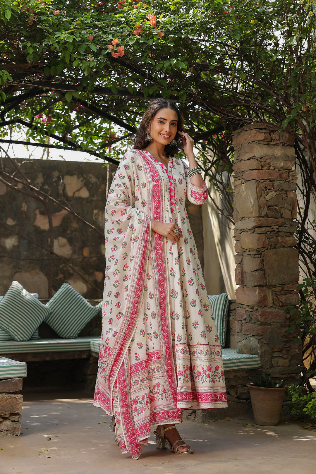 White & Hot pink Cotton Anarkali Set