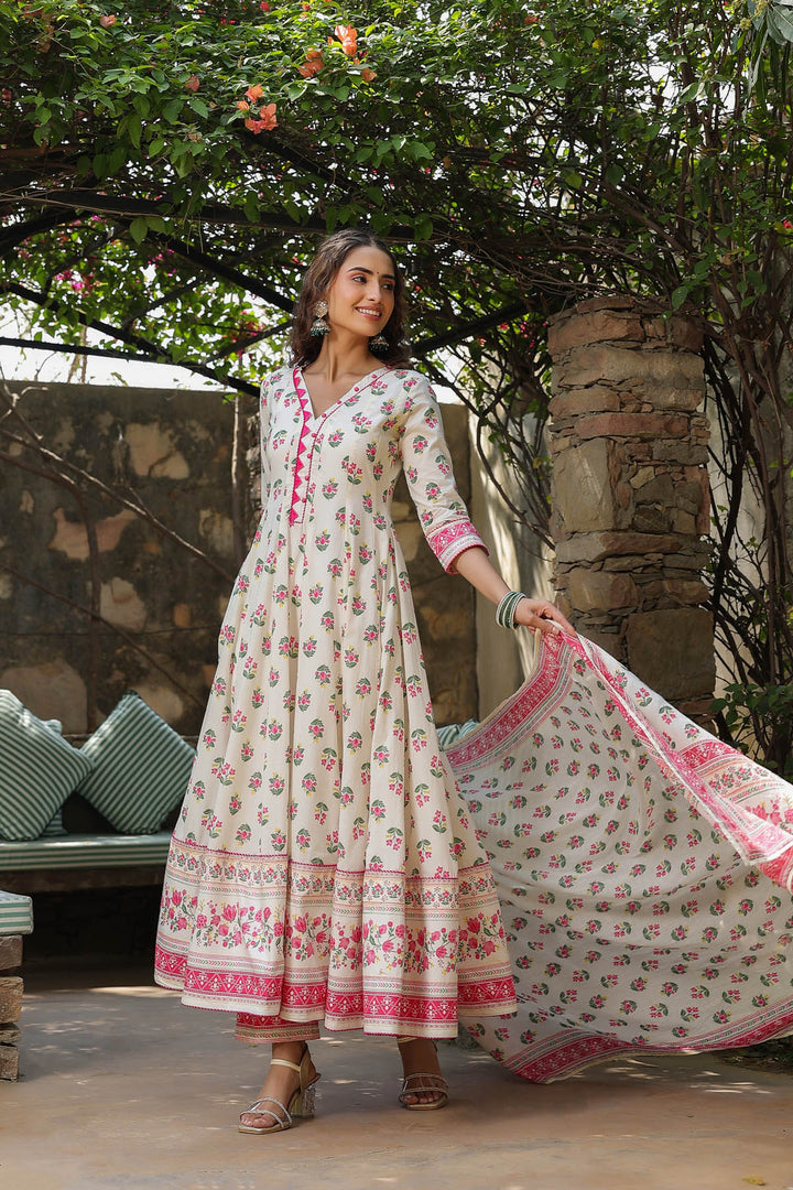 White & Hot pink Cotton Anarkali Set