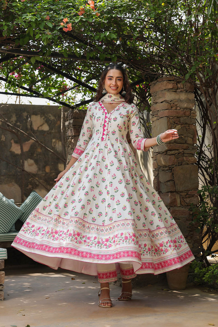 White & Hot pink Cotton Anarkali Set