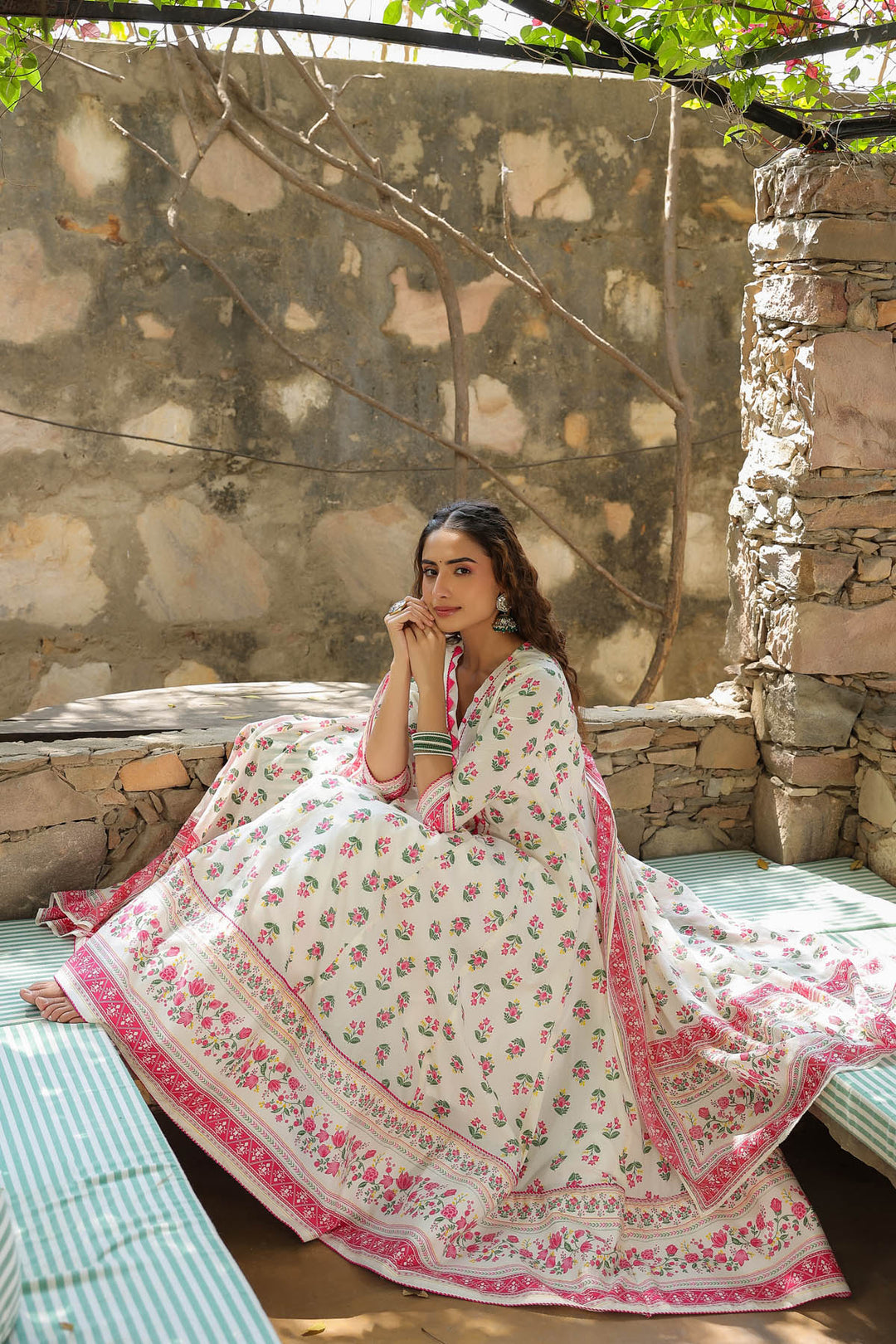 White & Hot pink Cotton Anarkali Set