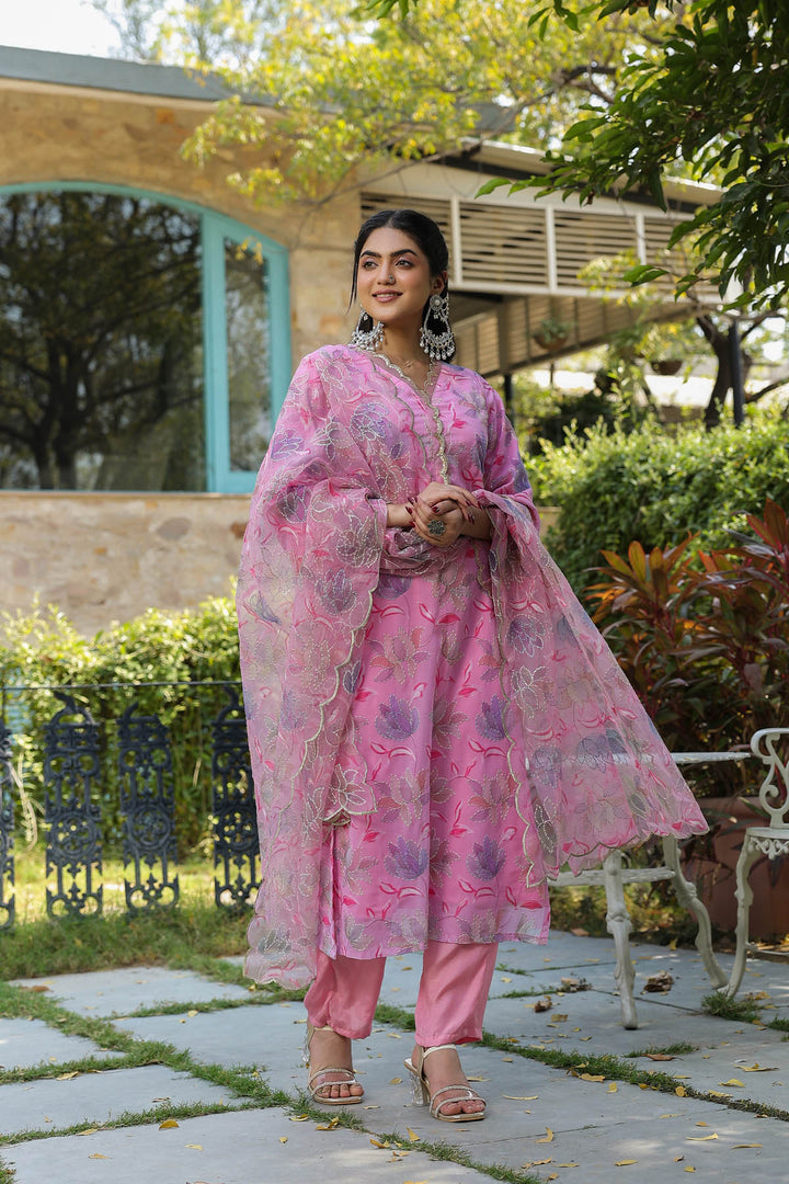 Pink Georgette suit set with Organza Dupatta