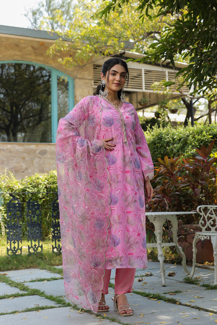 Pink Georgette suit set with Organza Dupatta