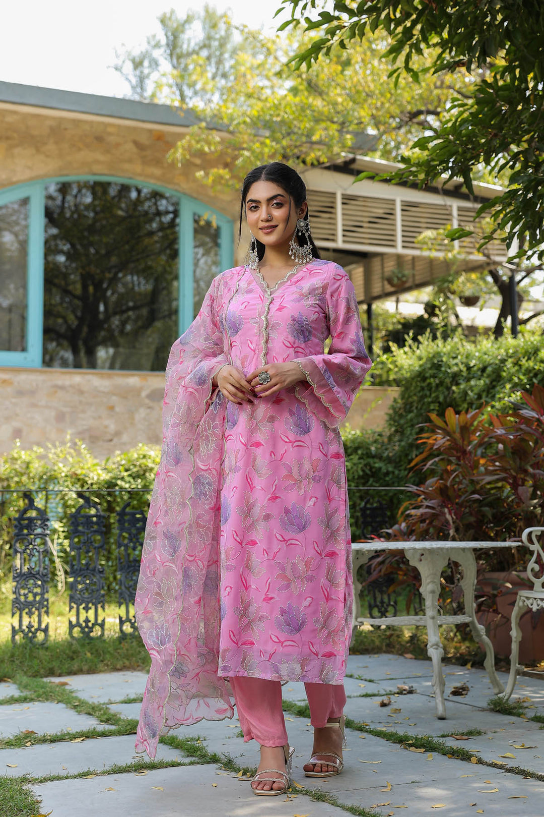 Pink Georgette suit set with Organza Dupatta