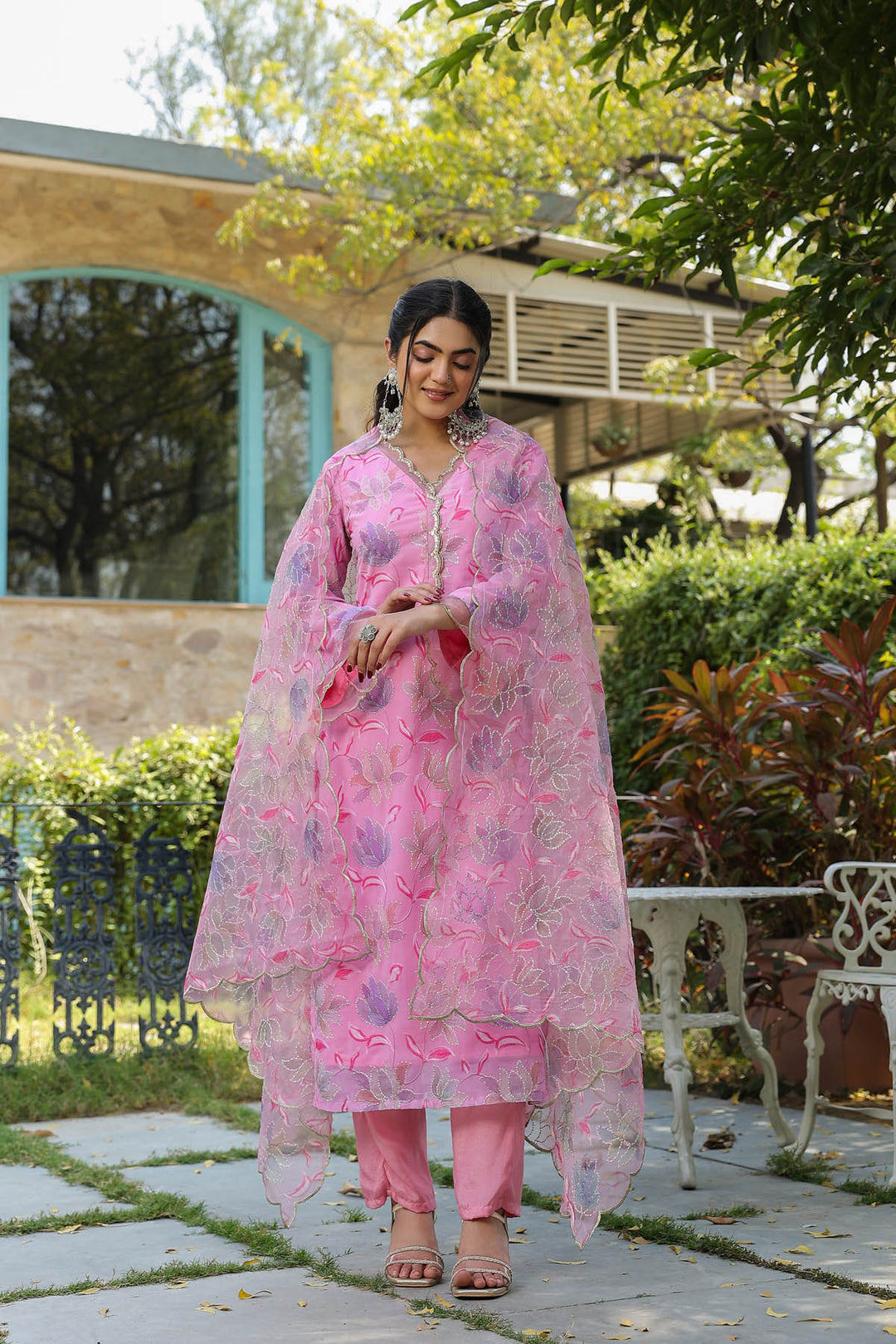 Pink Georgette suit set with Organza Dupatta