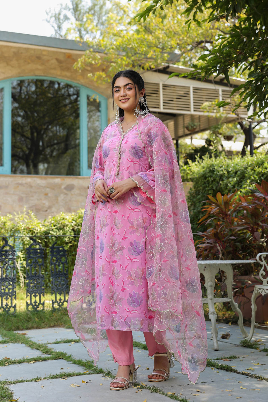 Pink Georgette suit set with Organza Dupatta