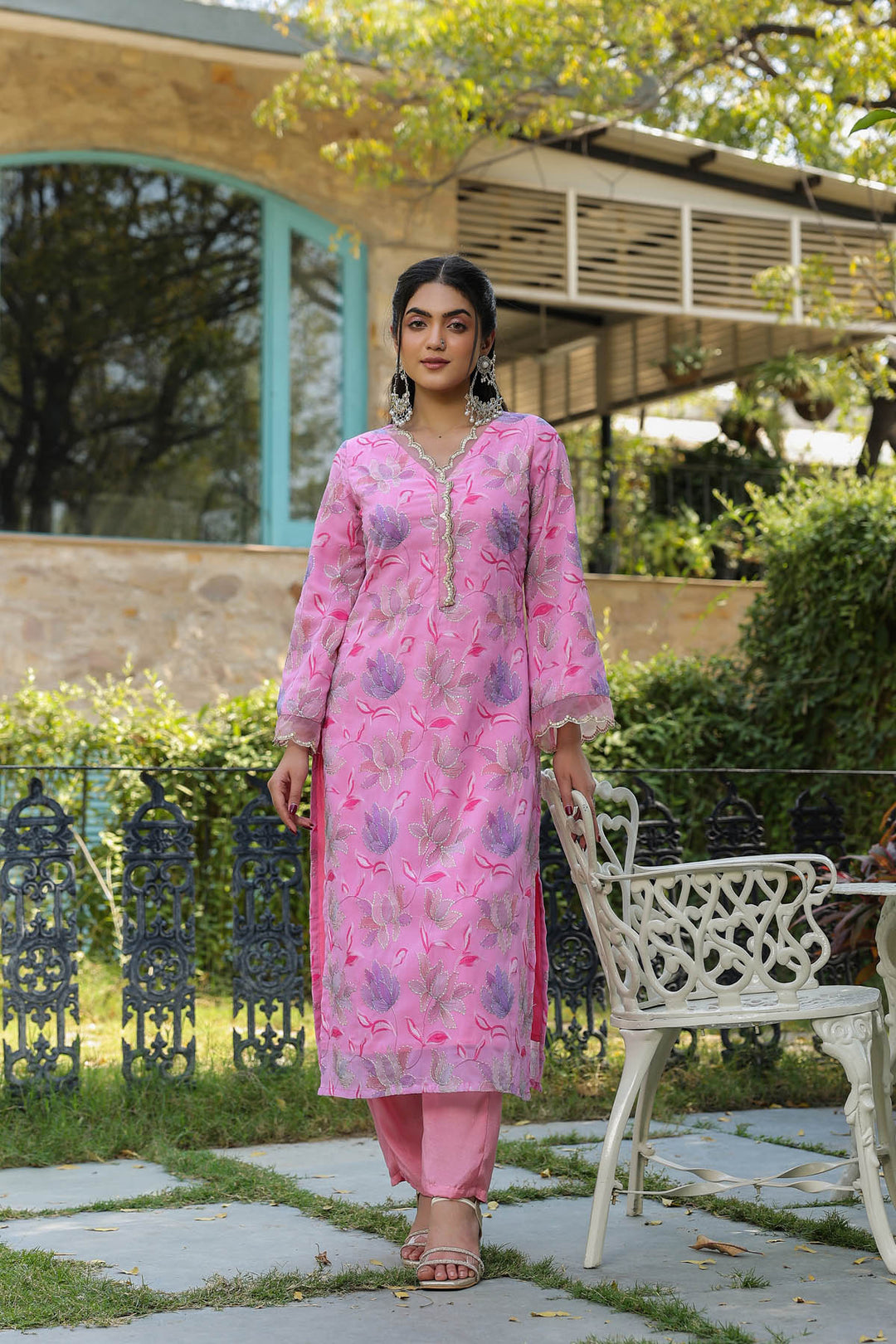 Pink Georgette suit set with Organza Dupatta